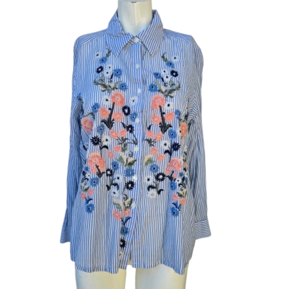 Style & Co. Tops - Style & Co. Striped Floral Embroidered Button-Up Shirt Sz M